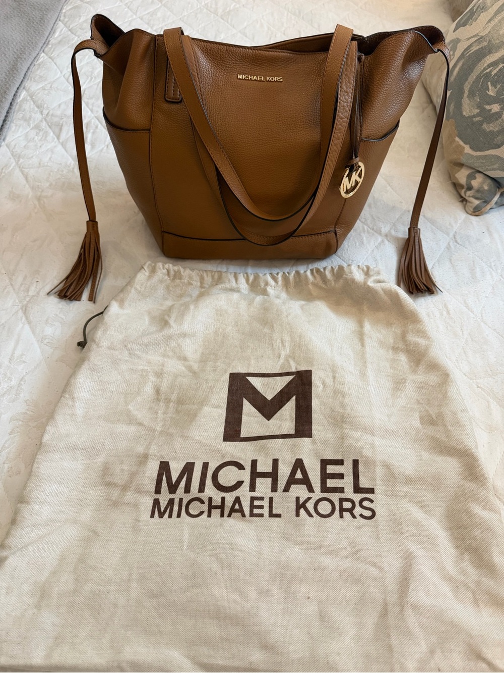 Michael Kors Cognac Pebbled Leather Tote with Logo Charm